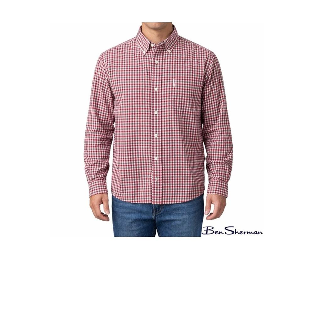 Ben Sherman Shirt Size XL Long Sleeve Red Gray Plaid Button Up Front Collar NWT